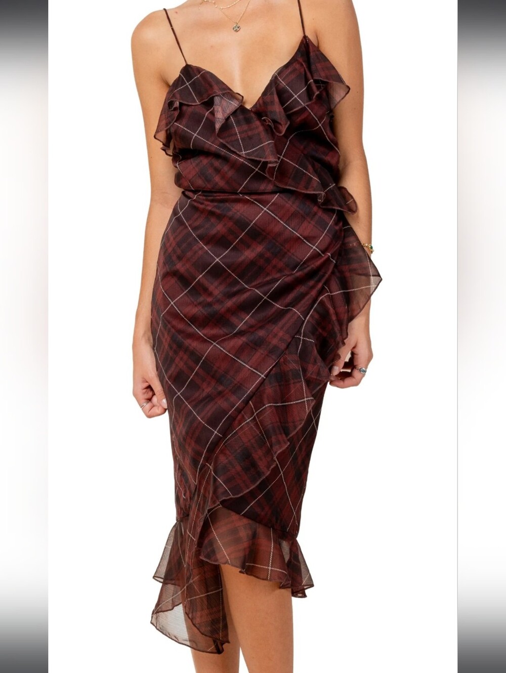 Beivy Asymmetric Ruffle Wrap Dress in Burgundy Plaid Small - Picture 7 of 7